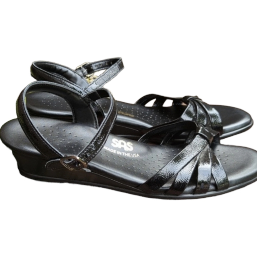 SAS Black Patent Leather Low-Wedge Strappy Sandals